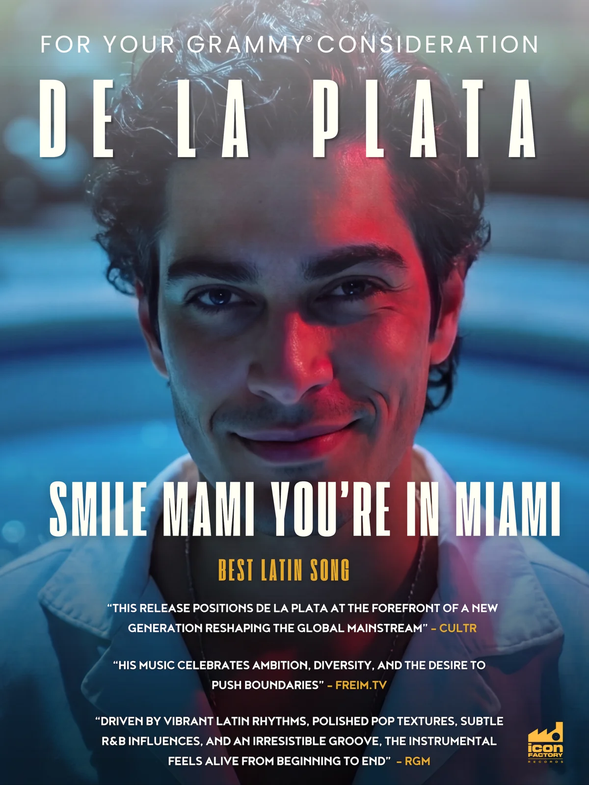 Full De La Plata FYC artwork for Smile Mami You’re in Miami, featuring Best Latin Song consideration and press quotations